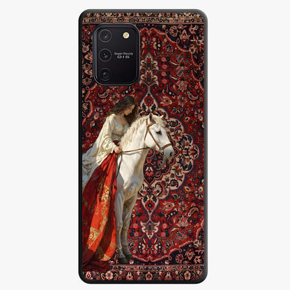 Royal Rider Tapestry Glass Case showing flat back view with majestic horse rider tapestry artwork and glossy glass finish.