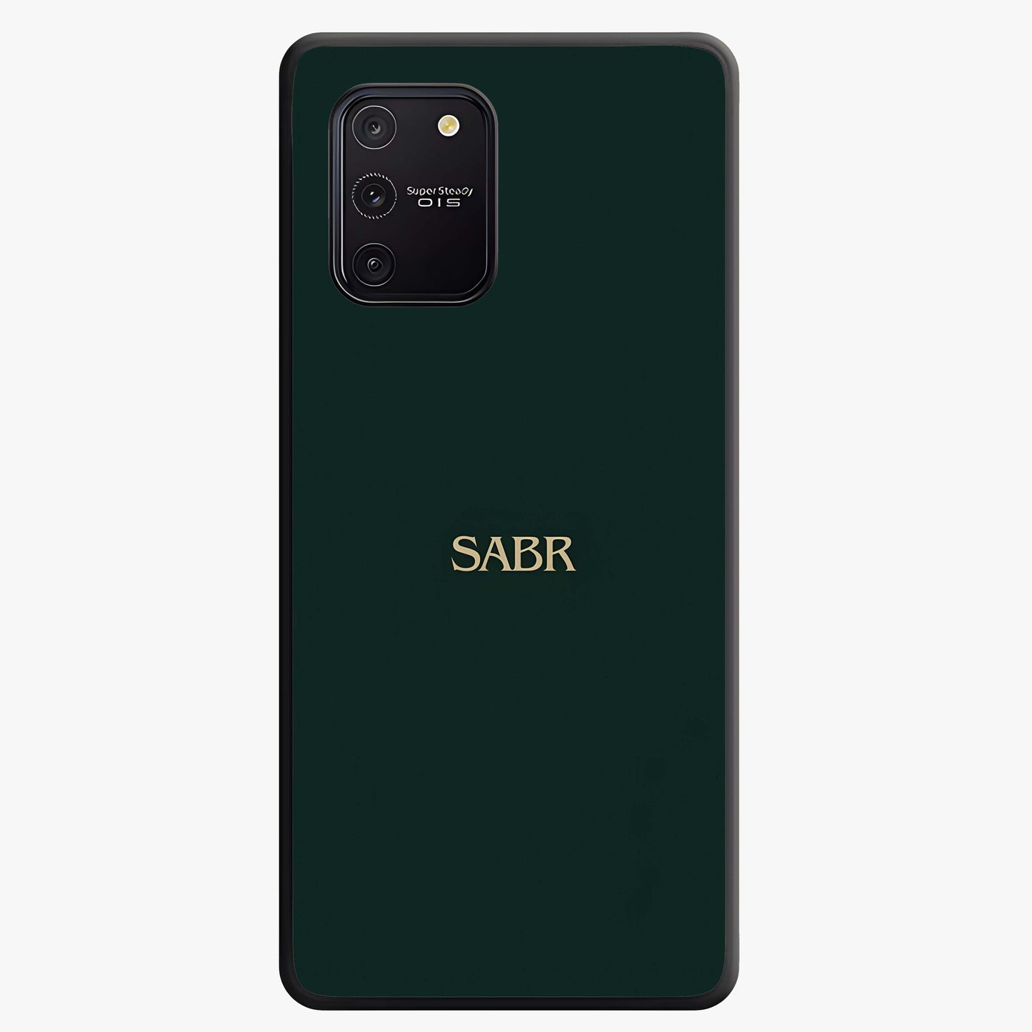 Sabr Minimal Patience Glass Case showing flat back view with minimalist typography artwork and glossy glass finish.