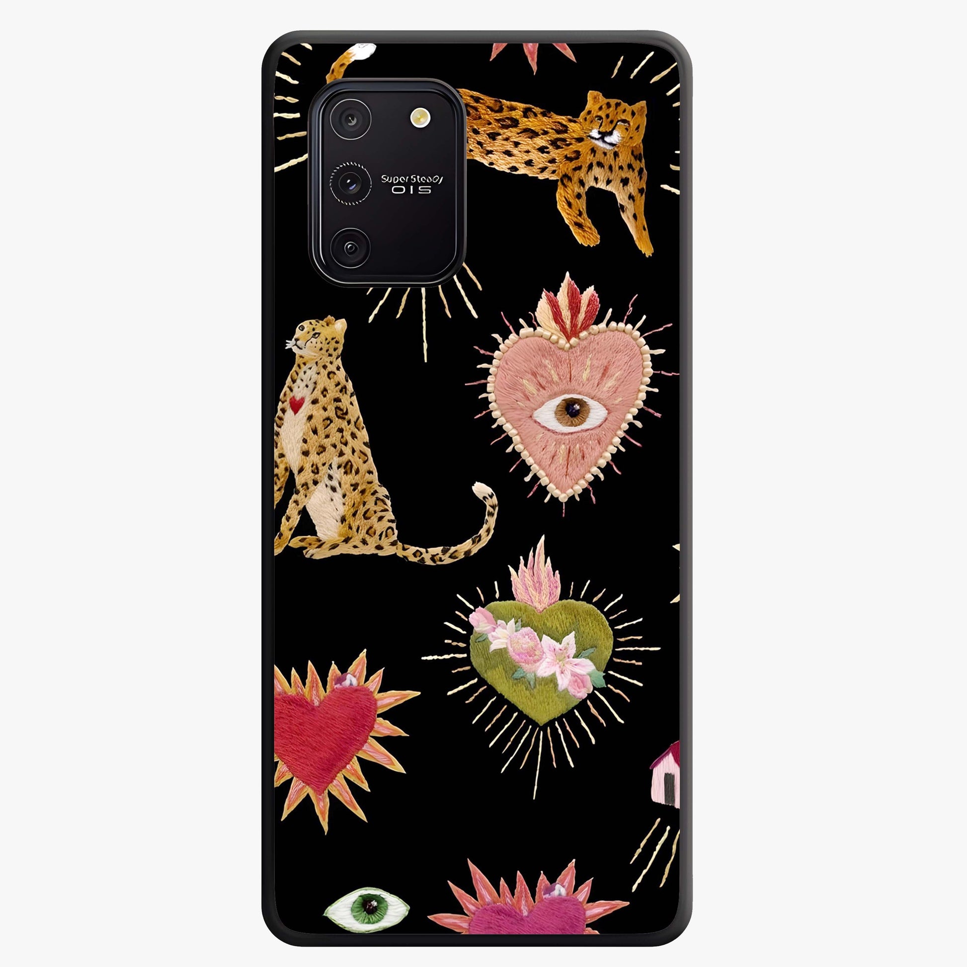 Sacred Jungle Heart Glass Case showing flat back view with jungle inspired heart artwork and glossy glass finish.