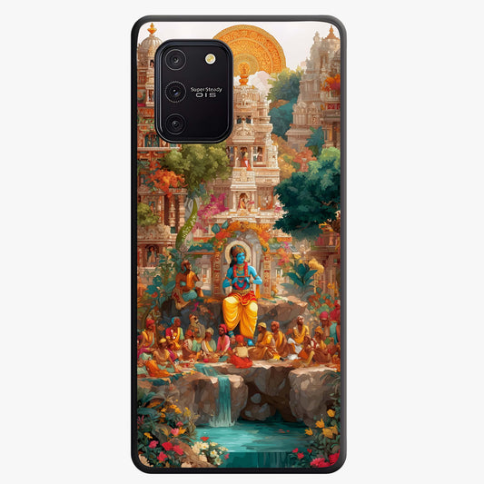 Sacred Sunlight Gods Glass Case showing flat back view with divine sunlight themed artwork and glossy glass finish.