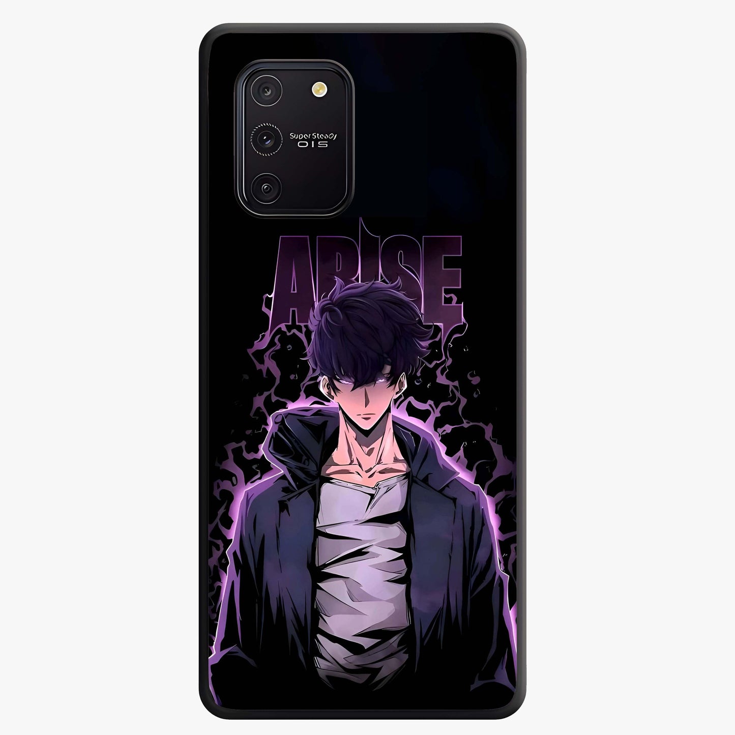 Shadow Monarch Awakening Glass Case showing flat back view with powerful dark monarch themed artwork and glossy glass finish.