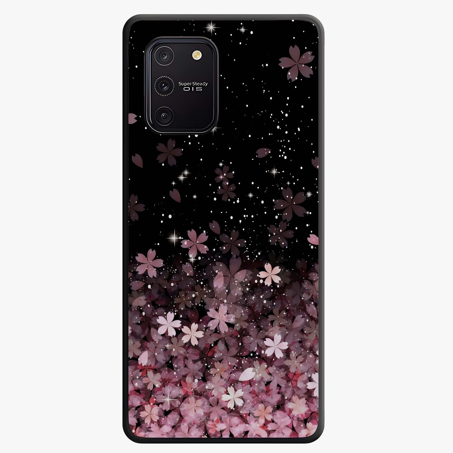 Small Starry Flowers Glass Case showing flat back view with delicate starry floral artwork and glossy glass finish.