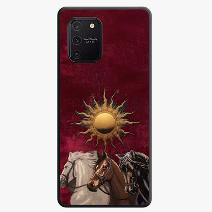 Solar Riders Glass Case showing flat back view with dynamic rider themed artwork and glossy glass finish.