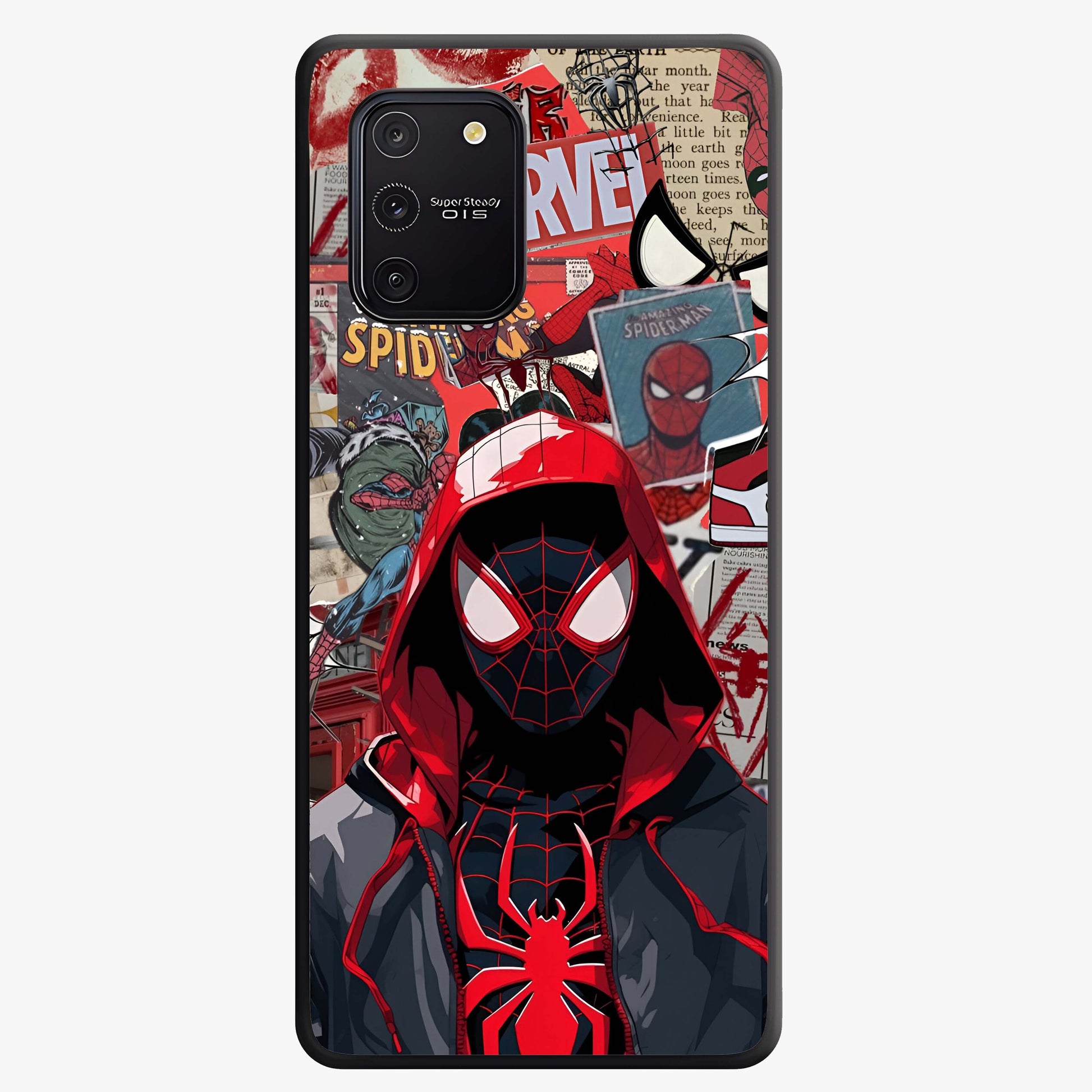 Spider Collage Street Glass Case showing flat back view with vibrant superhero collage artwork and glossy glass finish.