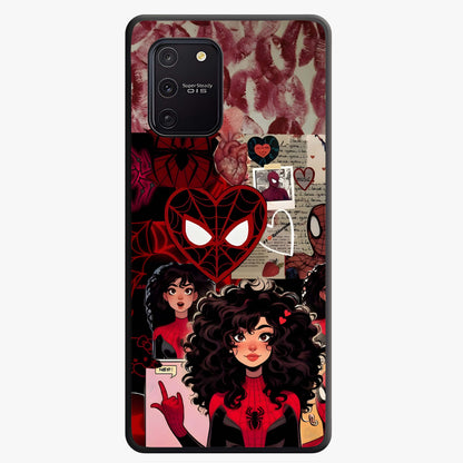 Spider Love Story Glass Case showing flat back view with romantic superhero themed artwork and glossy glass finish.
