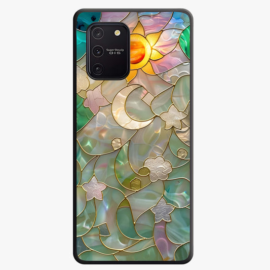 Stained Sunrise Glow Glass Case showing flat back view with glowing sunrise stained pattern artwork and glossy glass finish.