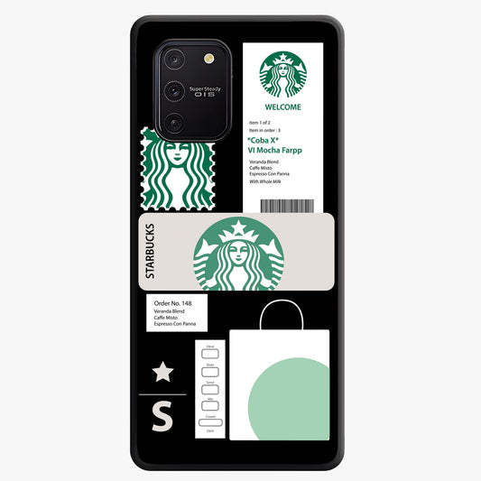 Starbucks Mocha Glass Case showing flat back view with coffee inspired artwork and glossy glass finish.