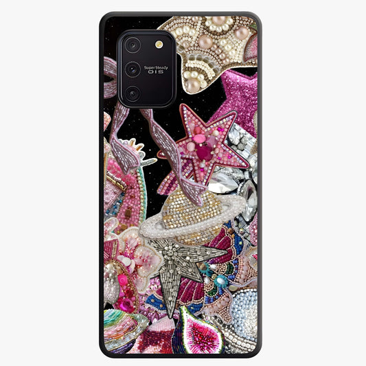 Starlit Jewel Dream Glass Case showing flat back view with sparkling jewel and star themed artwork and glossy glass finish.