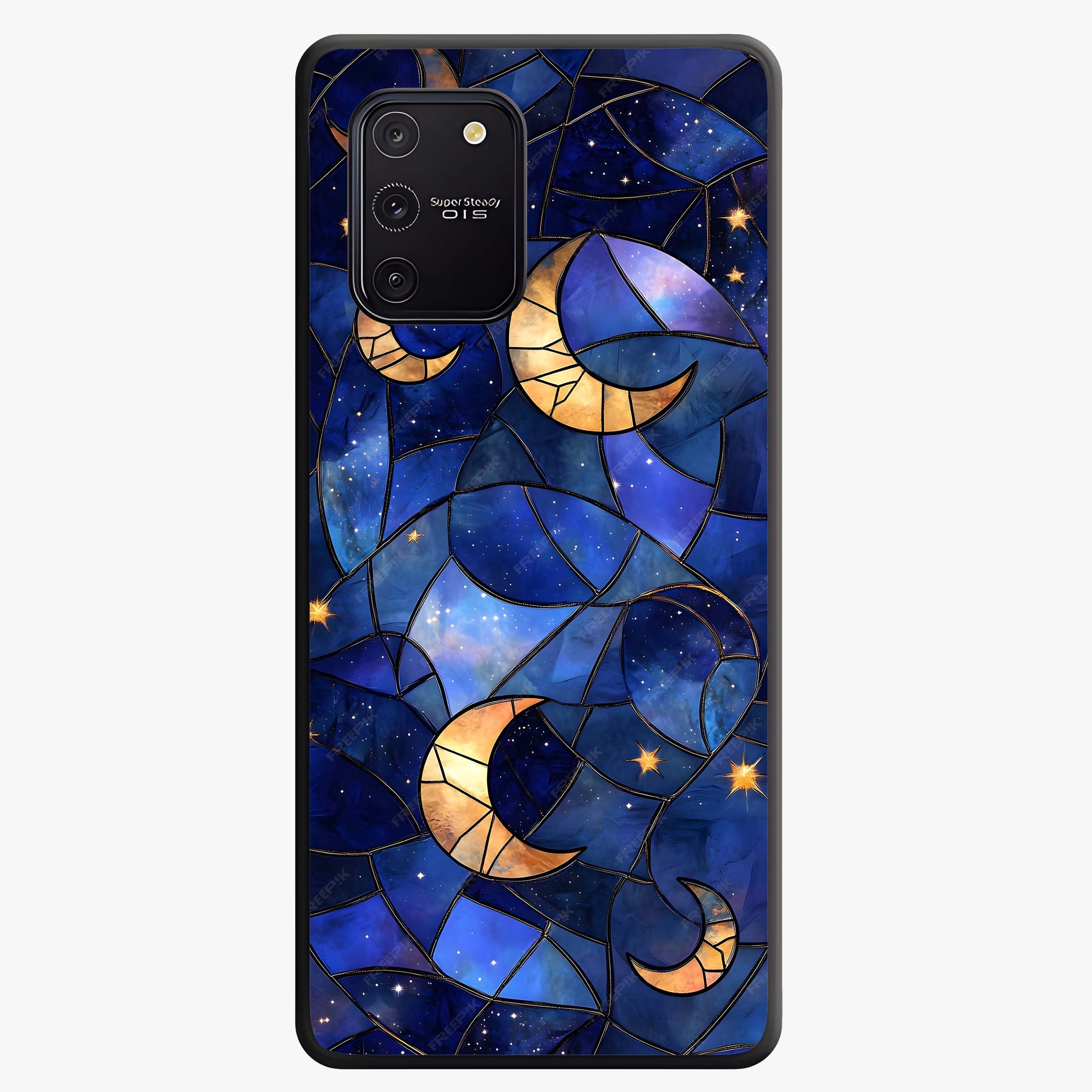 Starlit Sky Tapestry Glass Case showing flat back view with decorative starry sky tapestry artwork and glossy glass finish.