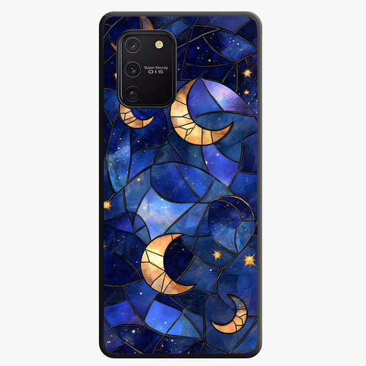 Starlit Sky Tapestry Glass Case showing flat back view with decorative starry sky tapestry artwork and glossy glass finish.