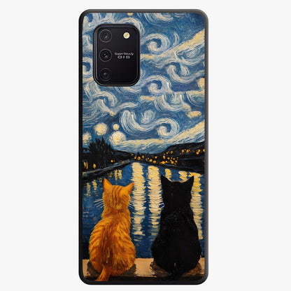 Starry River Cats Glass Case showing flat back view with cats by a starry river artwork and glossy glass finish.