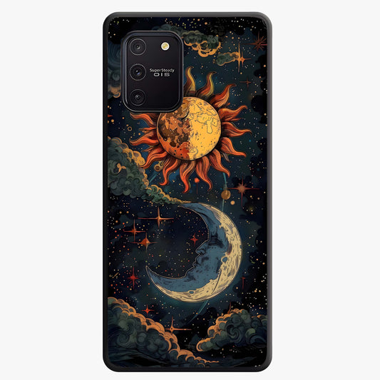 Sun And Moon Magic Design Glass Case showing flat back view with mystical sun and moon artwork and glossy glass finish.