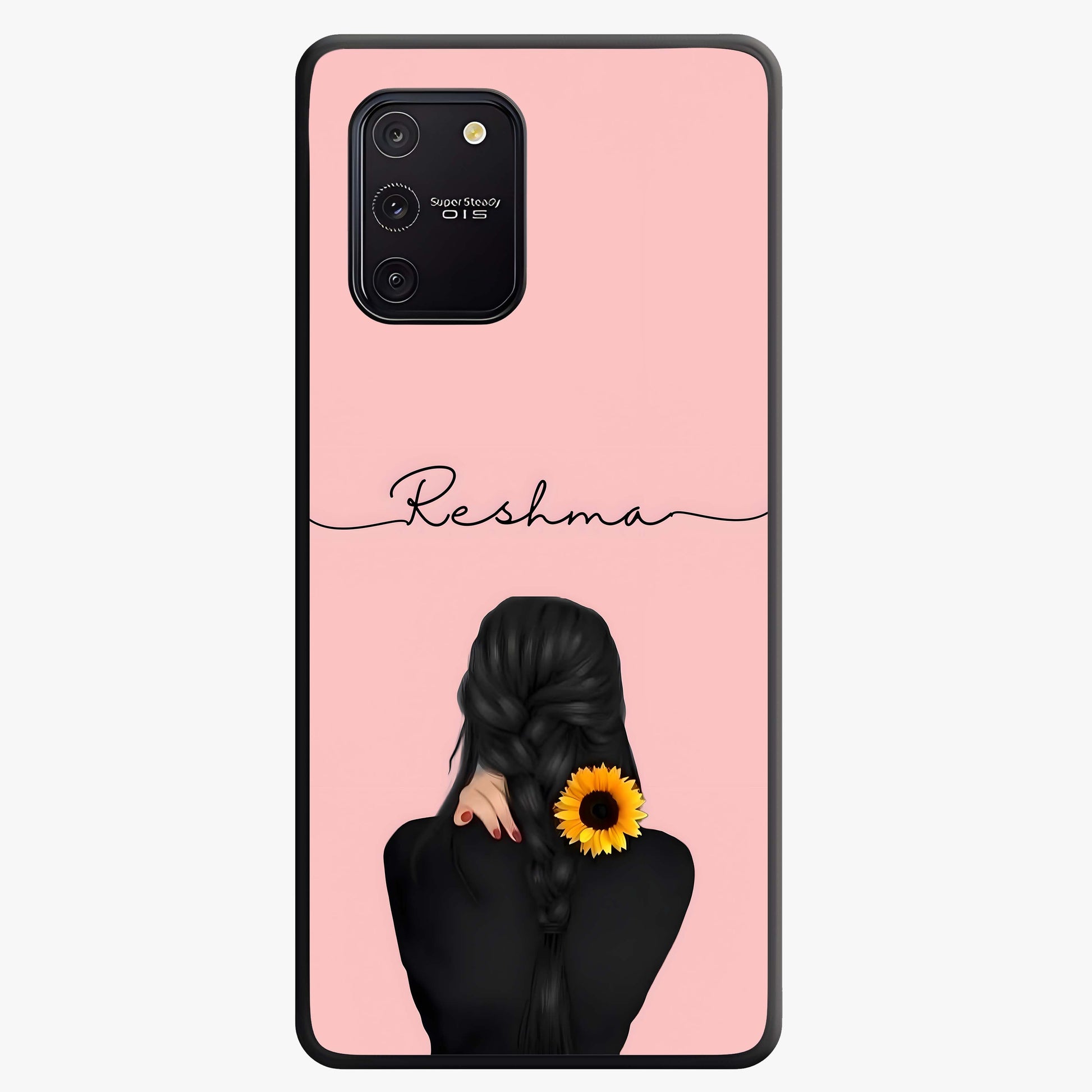 Sunflower Braid Beauty With Custom Name Glass Case showing flat back view with sunflower braid artwork and personalized name design.