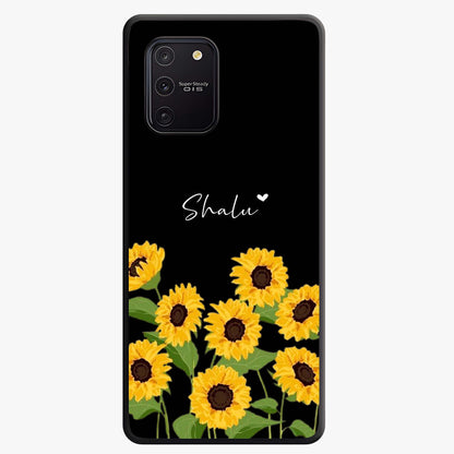 Sunflower Chic Mood Custom Name Glass Case showing flat back view with stylish sunflower artwork and personalized name design.