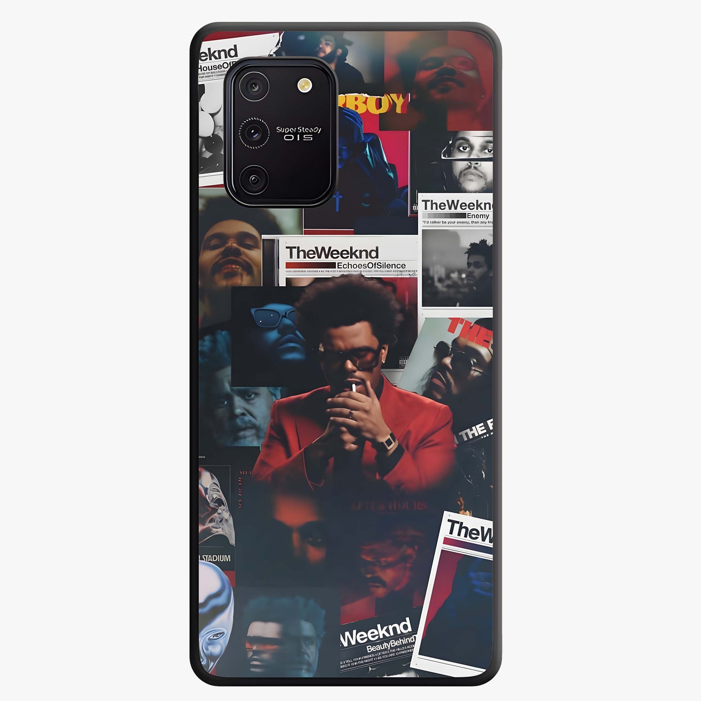 The Weeknd Glass Case showing flat back view with music inspired artistic portrait artwork and glossy glass finish.