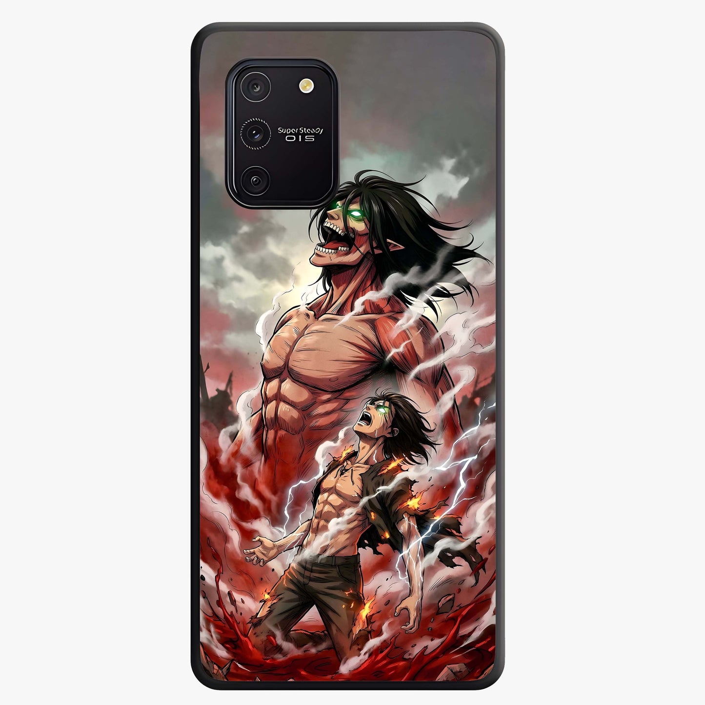 Titan Awakening Fury Glass Case showing flat back view with powerful titan inspired artwork and glossy glass finish.