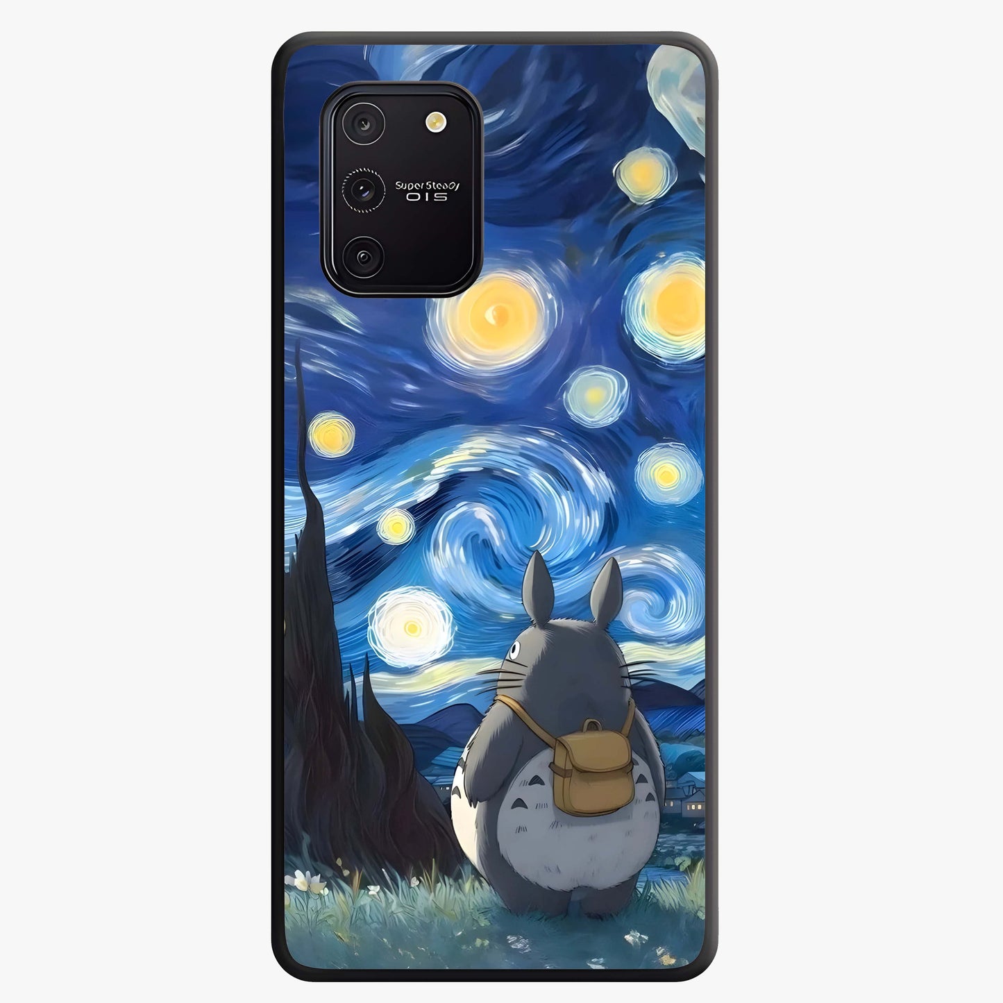 Totoro In Van Gogh Art Glass Case showing flat back view with whimsical character artwork inspired by Van Gogh style and glossy glass finish.
