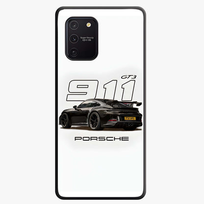 Turbo Legacy Icon Glass Case showing flat back view with iconic sports car inspired artwork and glossy glass finish.