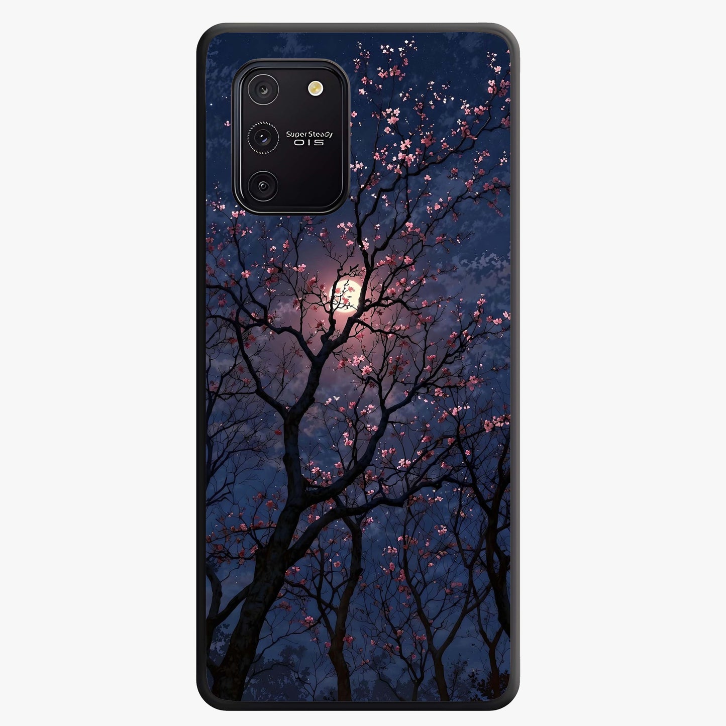 Twilight Sakura Serenade Glass Case showing flat back view with cherry blossom artwork at twilight and glossy glass finish.