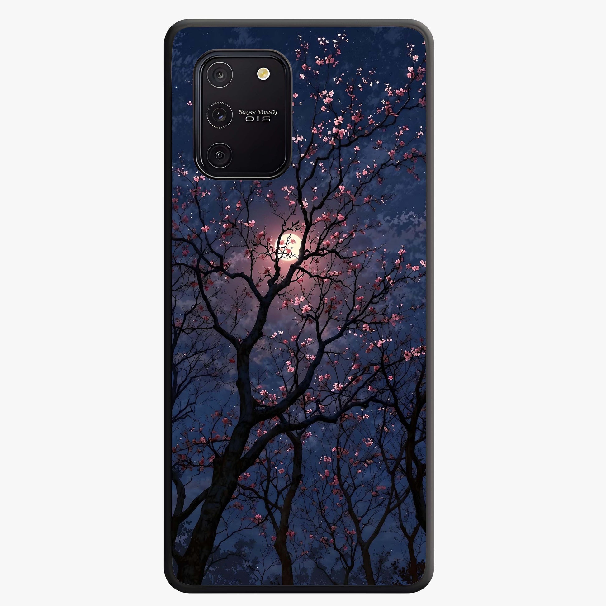 Twilight Sakura Serenade Glass Case showing flat back view with cherry blossom artwork at twilight and glossy glass finish.