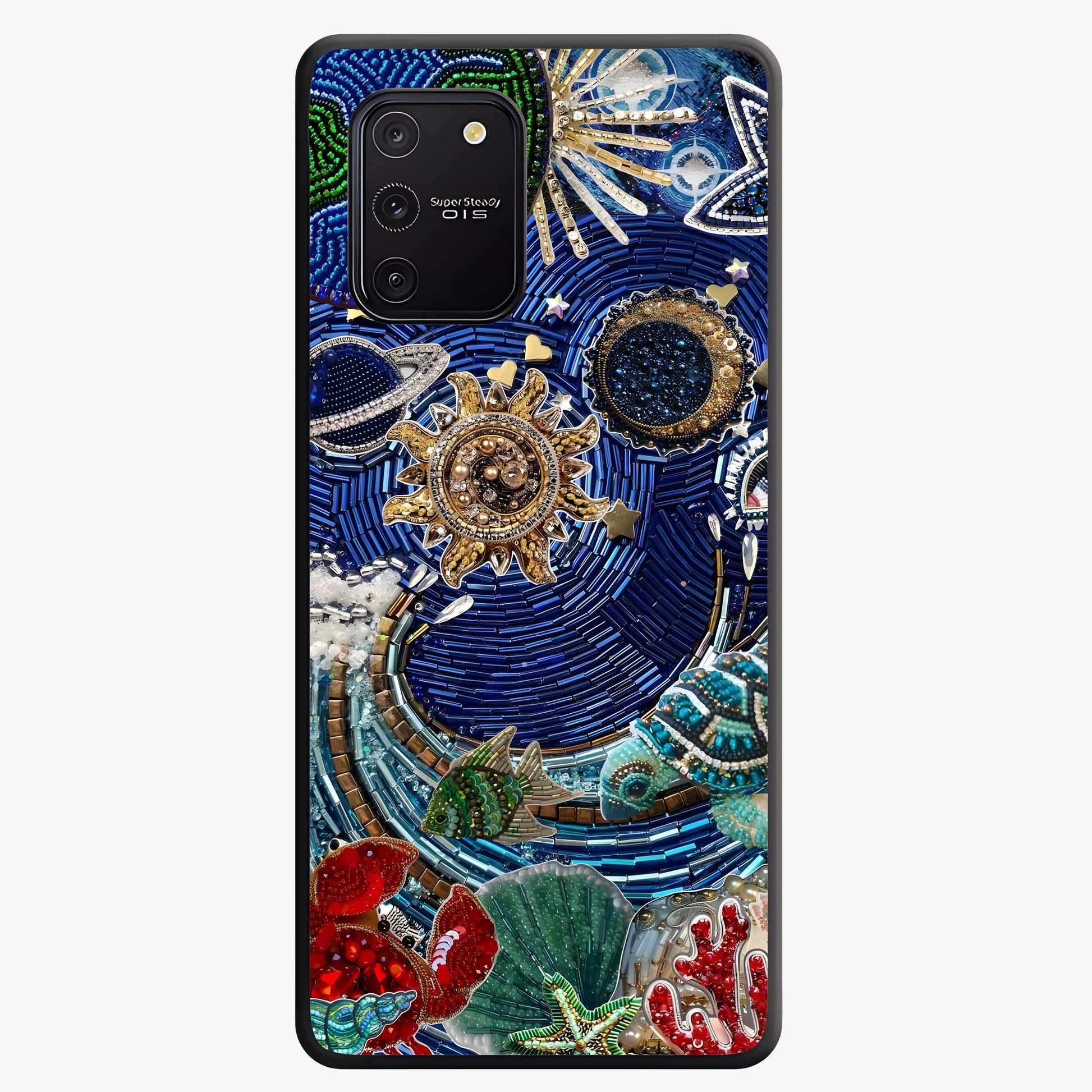 Universe Underwater Spark Glass Case showing flat back view with cosmic underwater themed artwork and glossy glass finish.