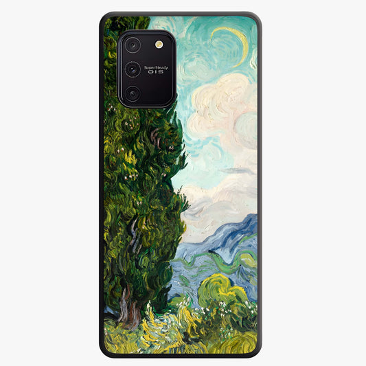 Van Gogh Vintage Art Glass Case showing flat back view with vintage painterly artwork inspired by Van Gogh style and glossy glass finish.