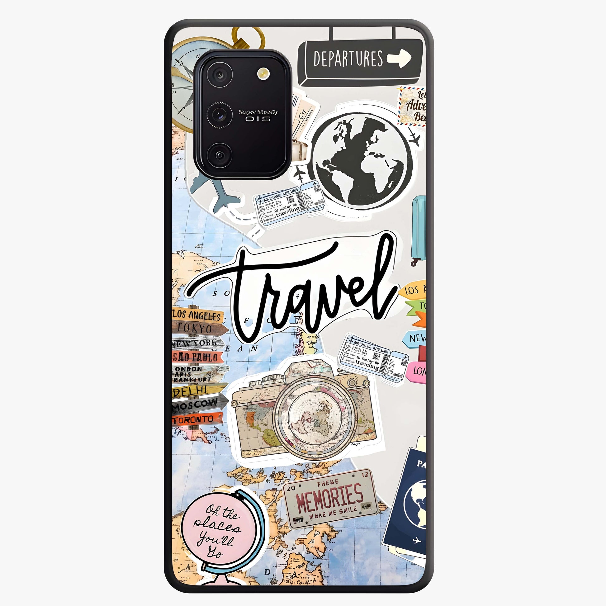 Wanderlust Journal Glass Case showing flat back view with travel inspired artwork and glossy glass finish.