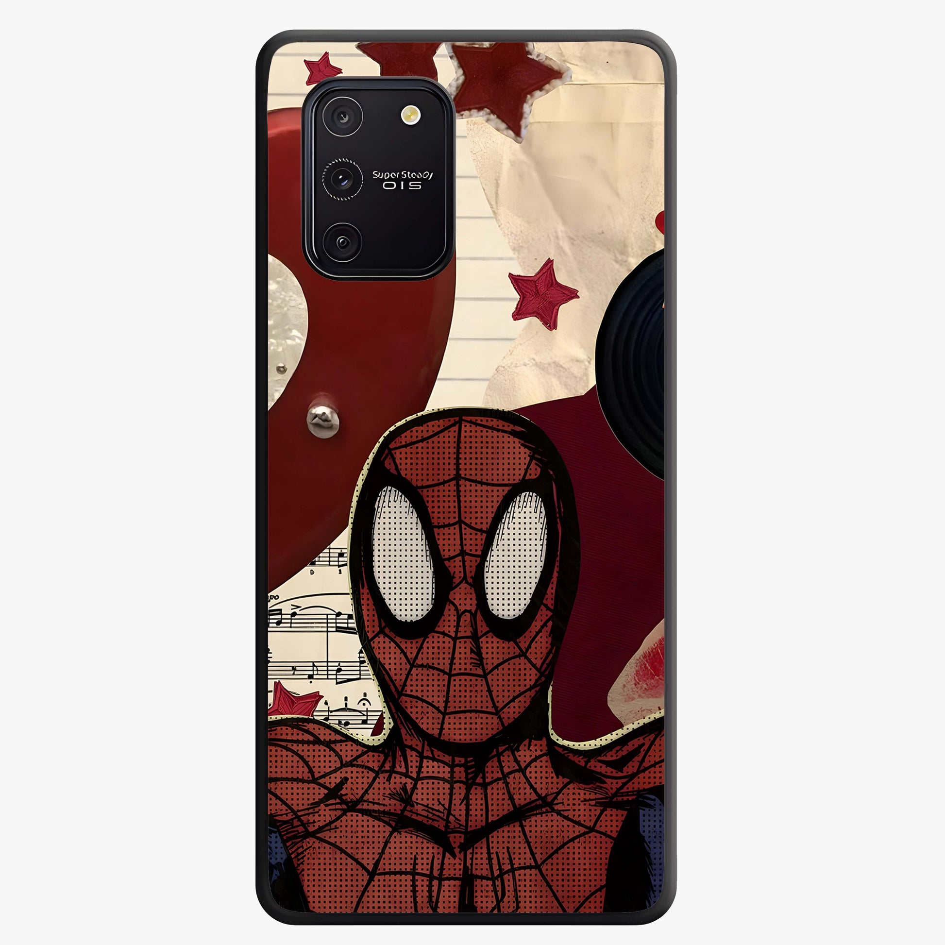 Web Warrior Vibes Glass Case showing flat back view with superhero inspired web themed artwork and glossy glass finish.