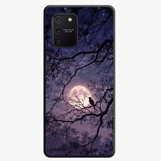 Whispering Moon Silence Glass Case showing flat back view with serene moon themed artwork and glossy glass finish.