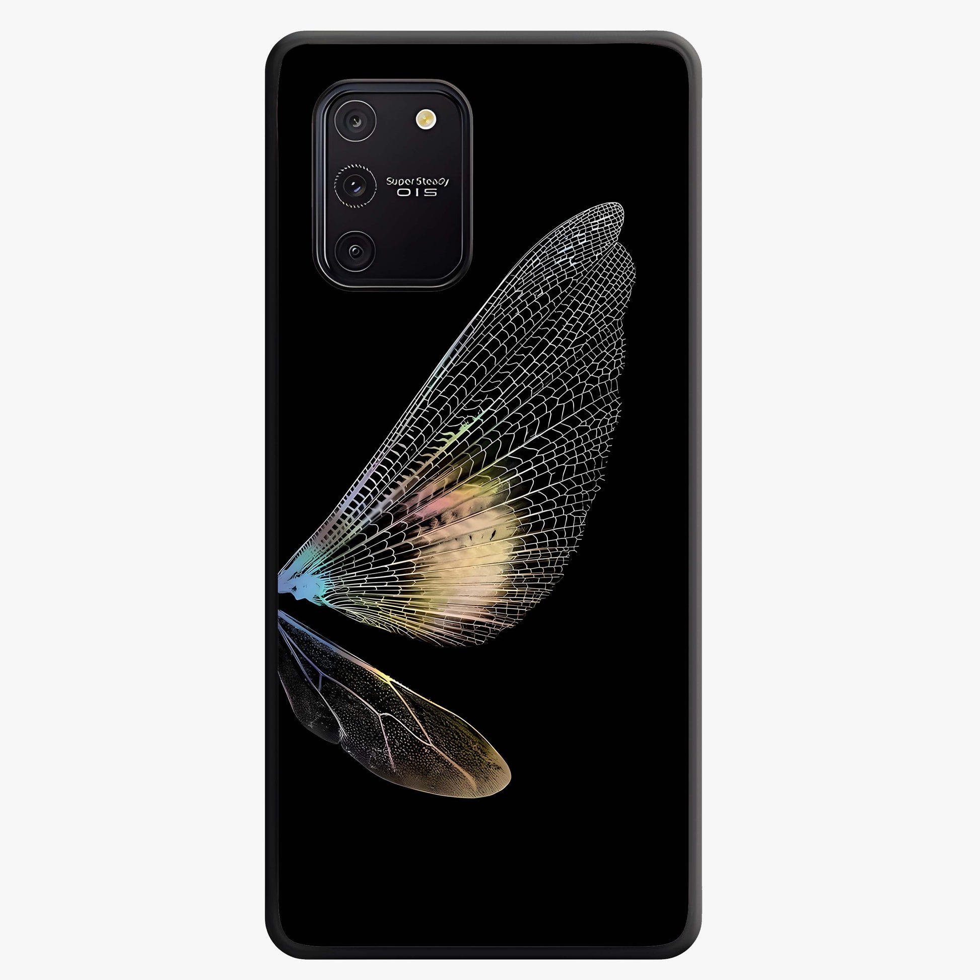 Whispers Of Wings Glass Case showing flat back view with graceful wing inspired artwork and glossy glass finish.