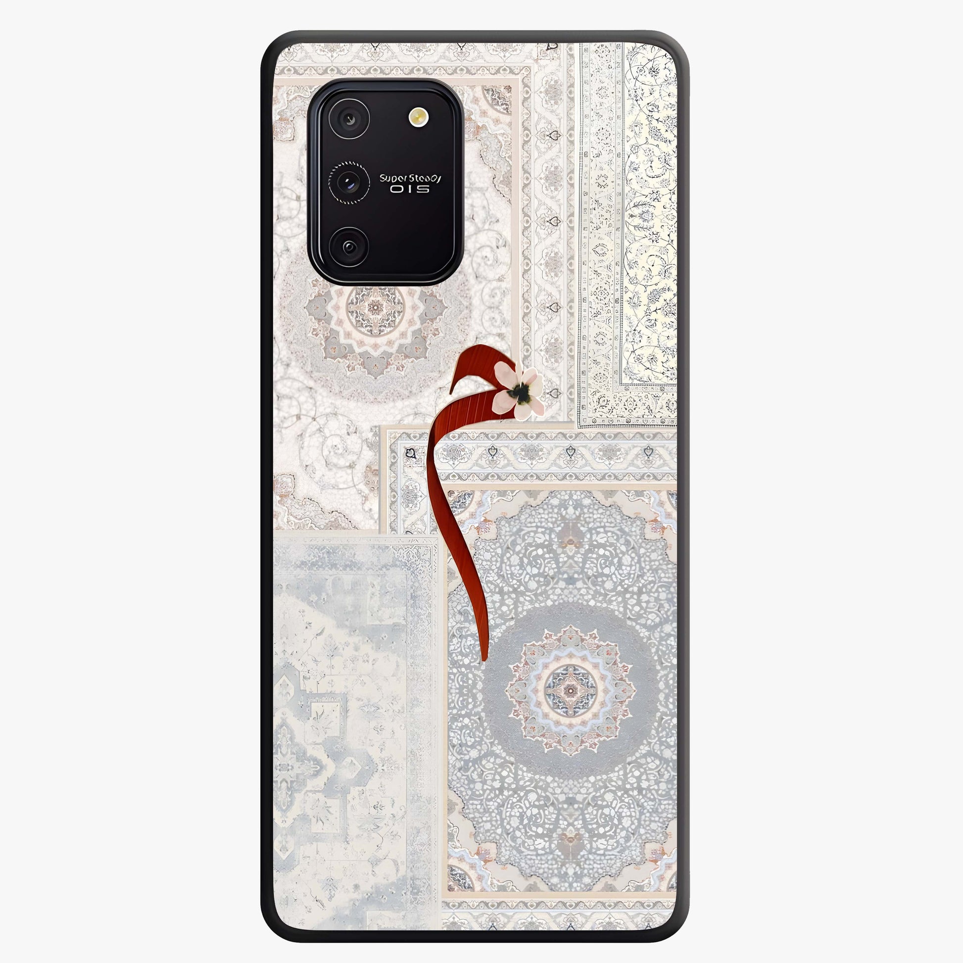 White Aesthetic Bow Glass Case showing flat back view with minimal bow artwork and glossy glass finish.
