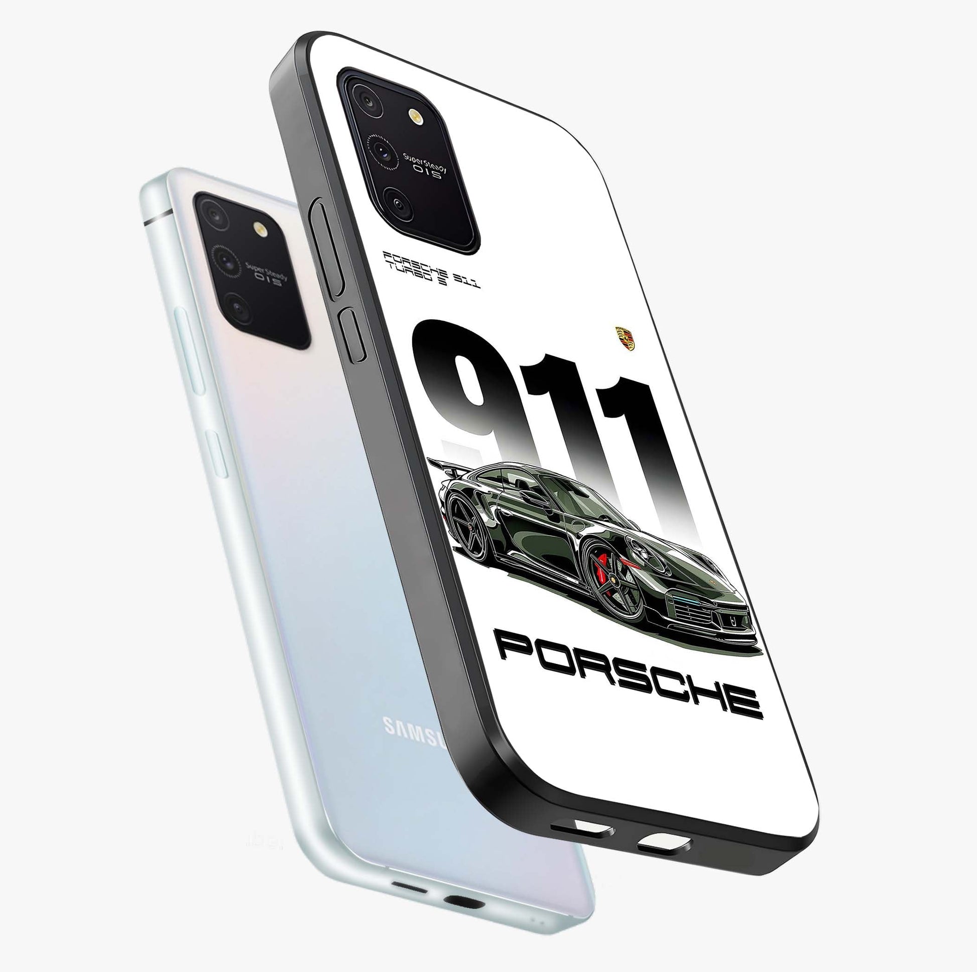 911 Turbo Dominance Glass Case displayed in premium angled mockup highlighting sporty car illustration and sleek glass surface.