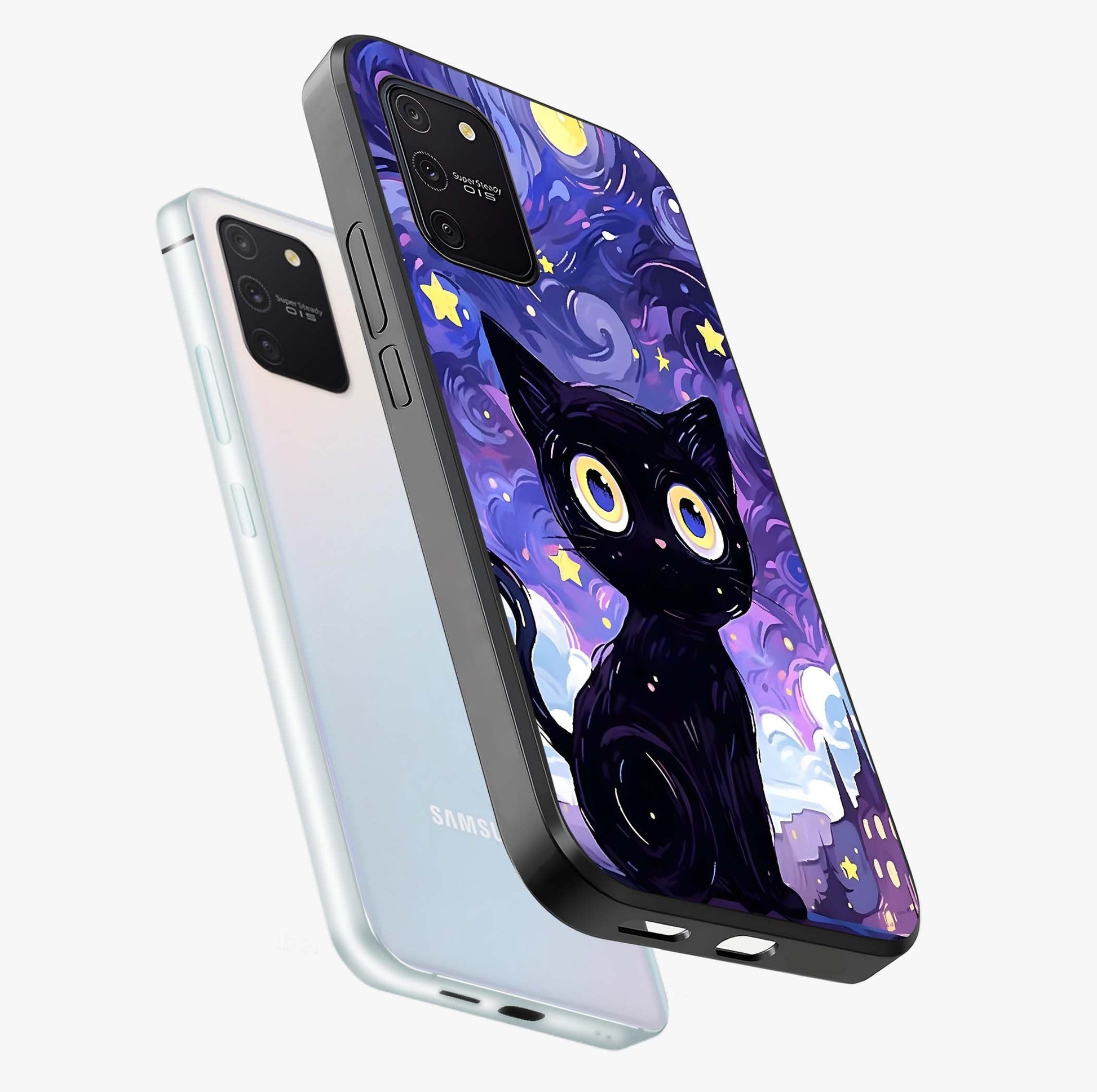 Abstract Cat Art Glass Case displayed in angled mockup highlighting modern abstract cat artwork and sleek glass surface.