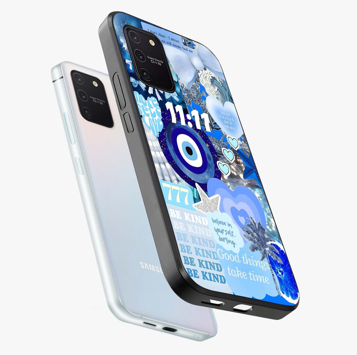 Aesthetic Be Kind Eye Glass Case displayed in angled mockup highlighting aesthetic eye design and inspirational vibe.
