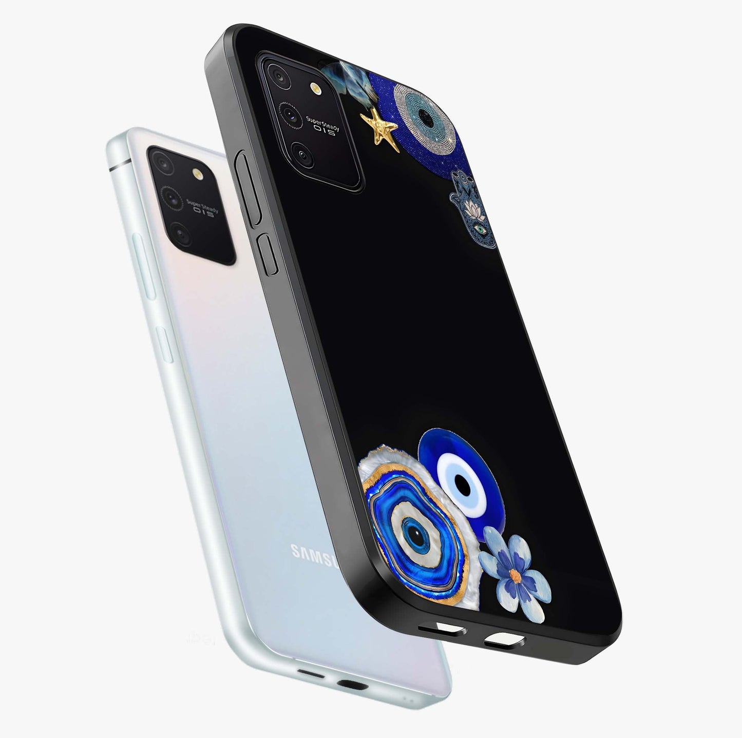 Aesthetic Blue Evil Eye Glass Case displayed in angled mockup highlighting blue evil eye symbol and spiritual aesthetic design.