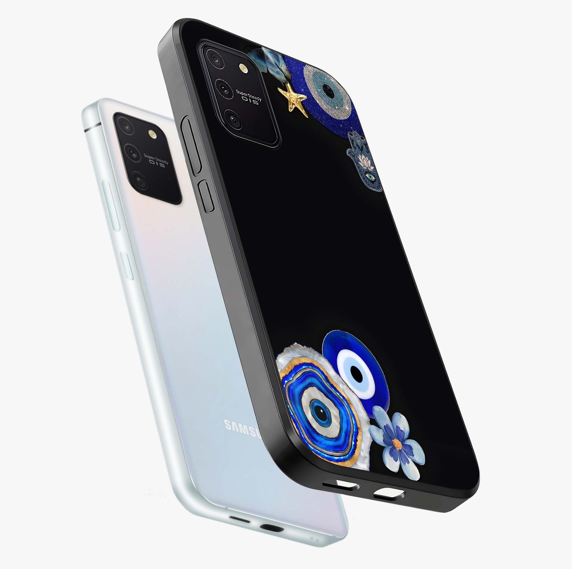 Aesthetic Blue Evil Eye Glass Case displayed in angled mockup highlighting blue evil eye symbol and spiritual aesthetic design.