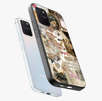 Aesthetic Brown Vintage Collage Glass Case displayed in angled mockup highlighting vintage aesthetic collage design.