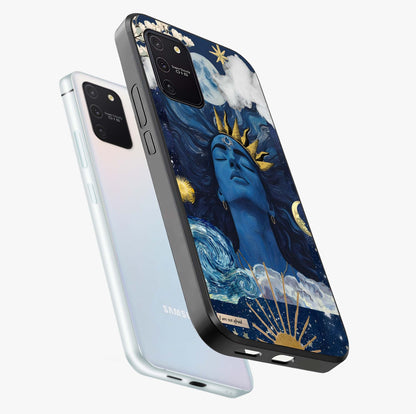 Aesthetic Lord Shiva Glass Case displayed in angled mockup highlighting spiritual Shiva illustration and sacred aesthetic design.