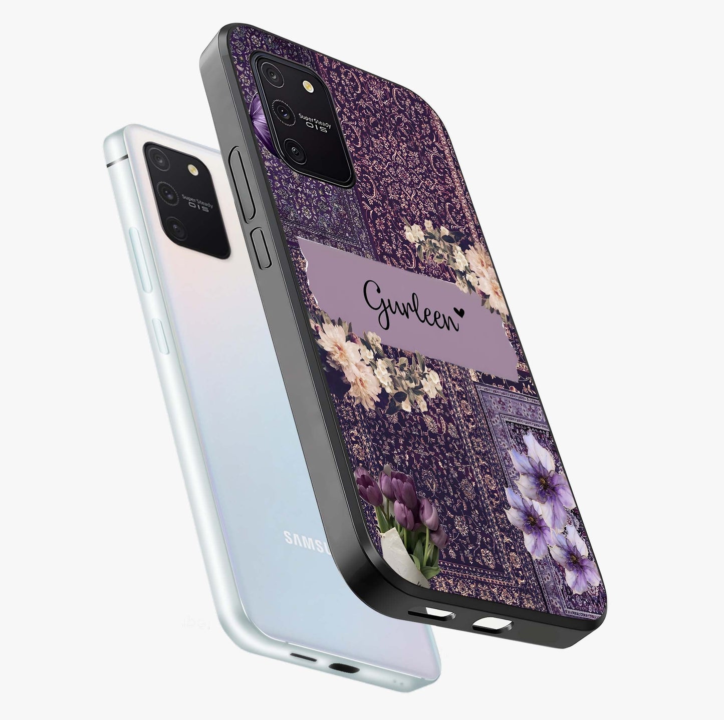 Antique Floral Whisper Custom Name Glass Case displayed in angled mockup highlighting elegant antique floral aesthetic.