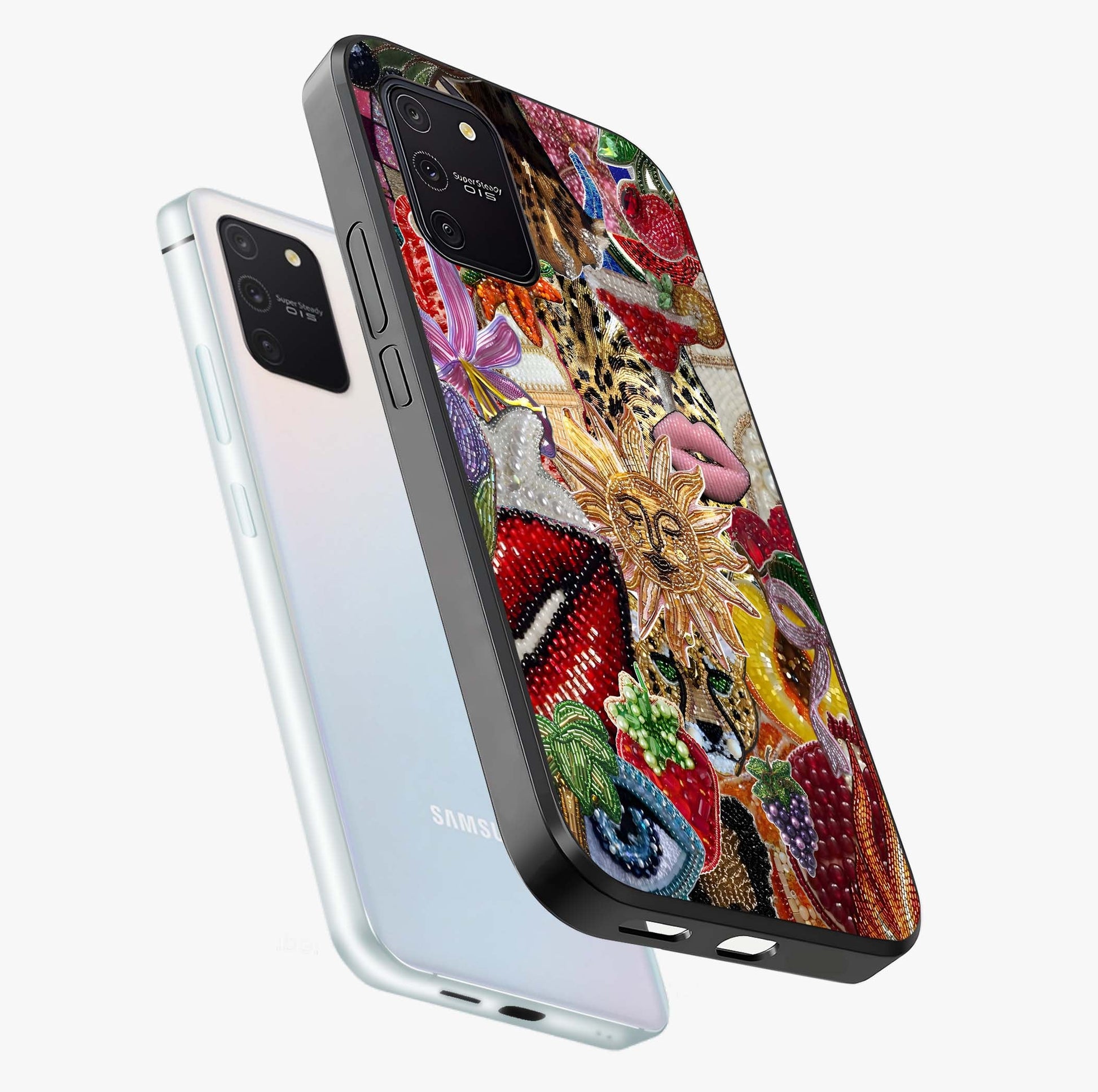 Beaded Fashion Jungle Glass Case displayed in angled mockup highlighting colorful fashion bead design and artistic pattern.