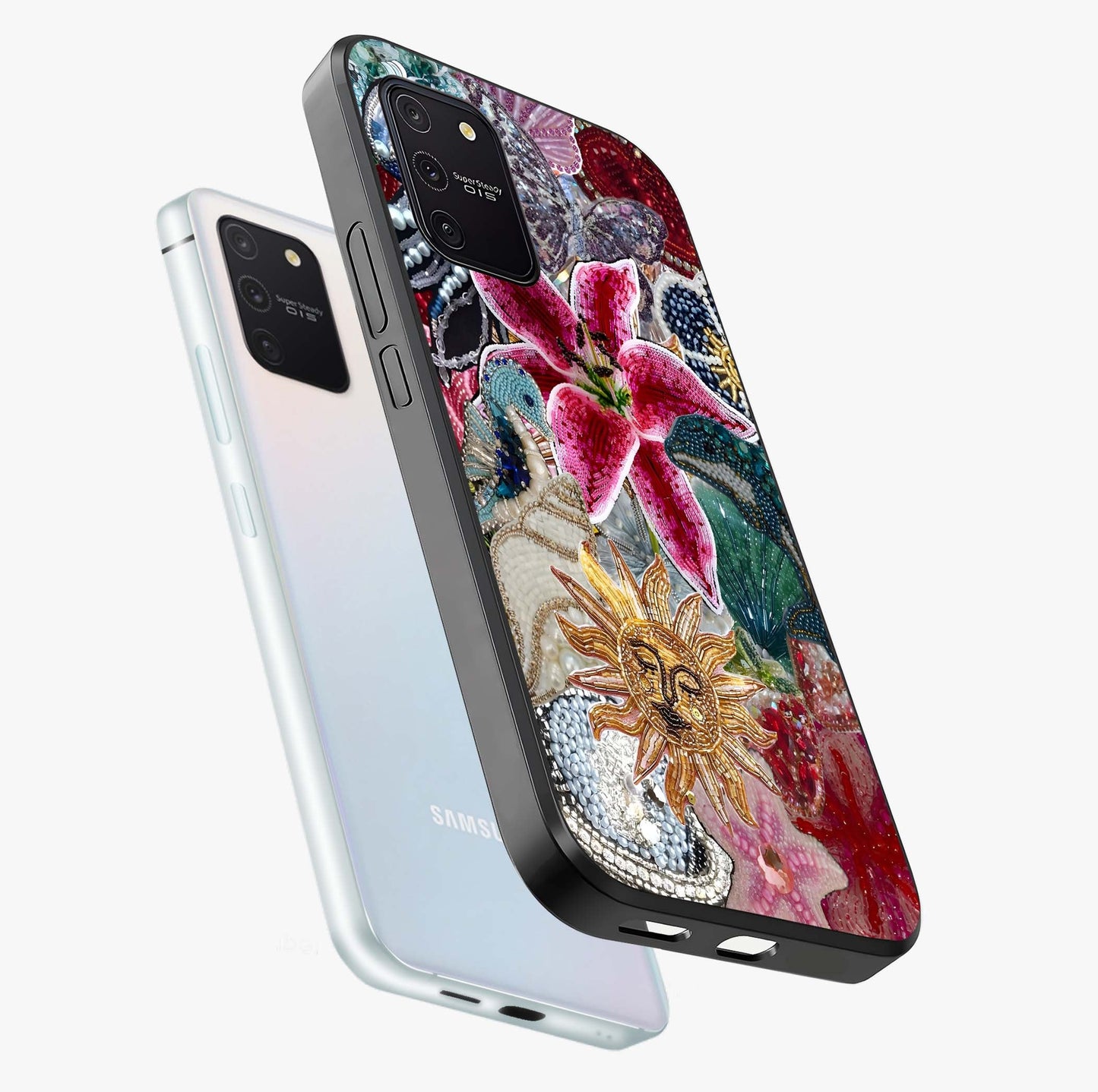 Beaded Garden Fantasy Glass Case displayed in angled mockup highlighting fantasy inspired floral bead pattern.