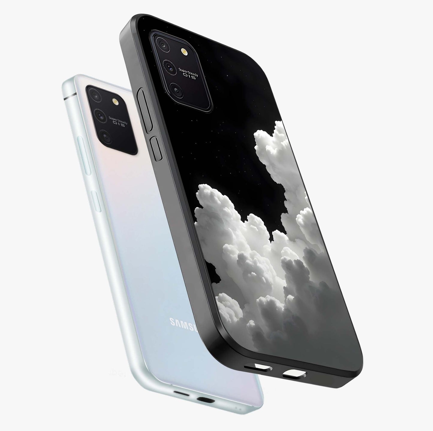 Black Background With White Cloud Glass Case displayed in angled mockup highlighting soft white cloud illustration and minimal design.
