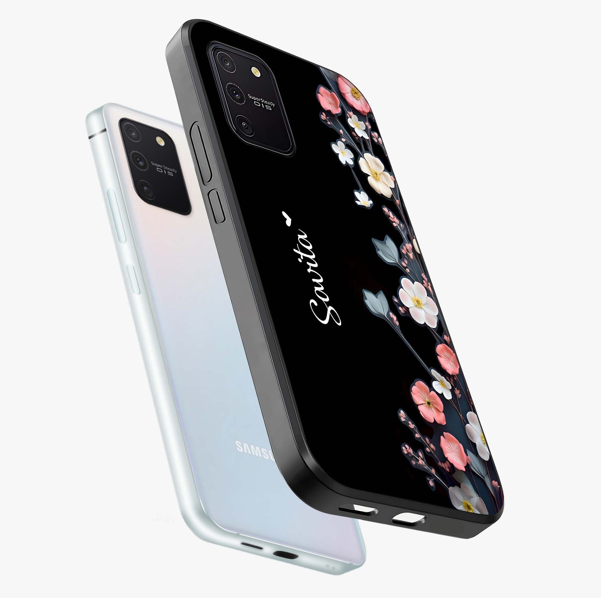Black Elegance Floral Custom Name Glass Case displayed in angled mockup highlighting dark floral aesthetic and custom name feature.