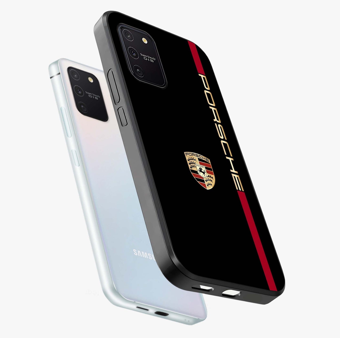 Black Minimal Porsche Glass Case displayed in angled mockup highlighting modern minimal car illustration and clean aesthetic design.