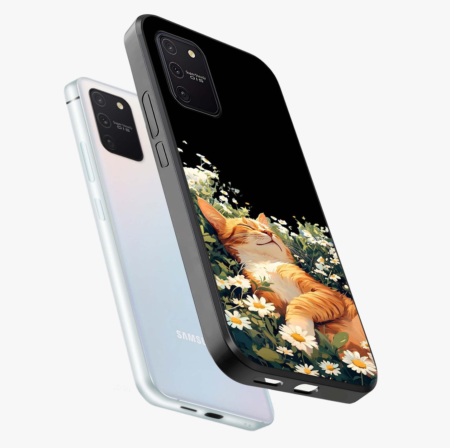 Blissful Bloom Cat Glass Case displayed in angled mockup highlighting playful feline illustration with soft floral aesthetic.