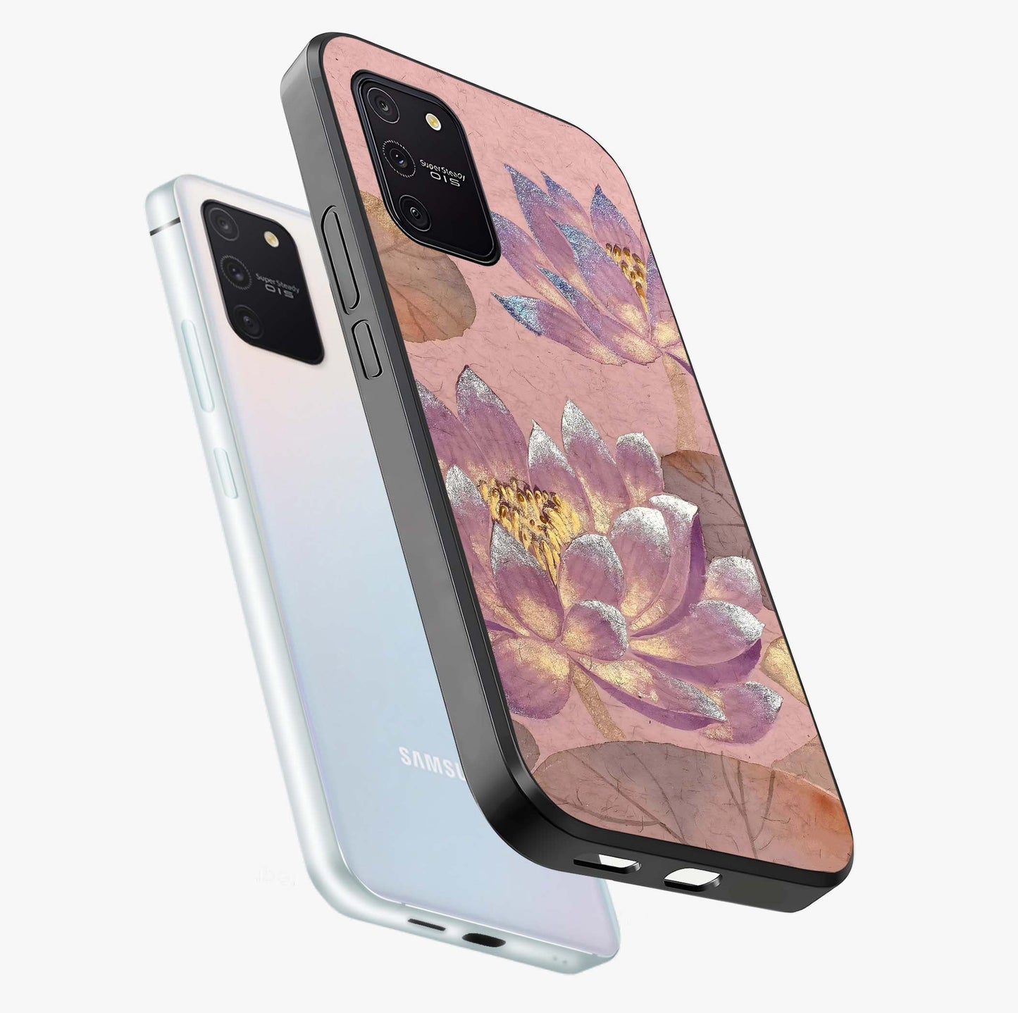 Blossom Mist Lotus Glass Case displayed in angled mockup highlighting delicate lotus illustration with calm aesthetic theme.