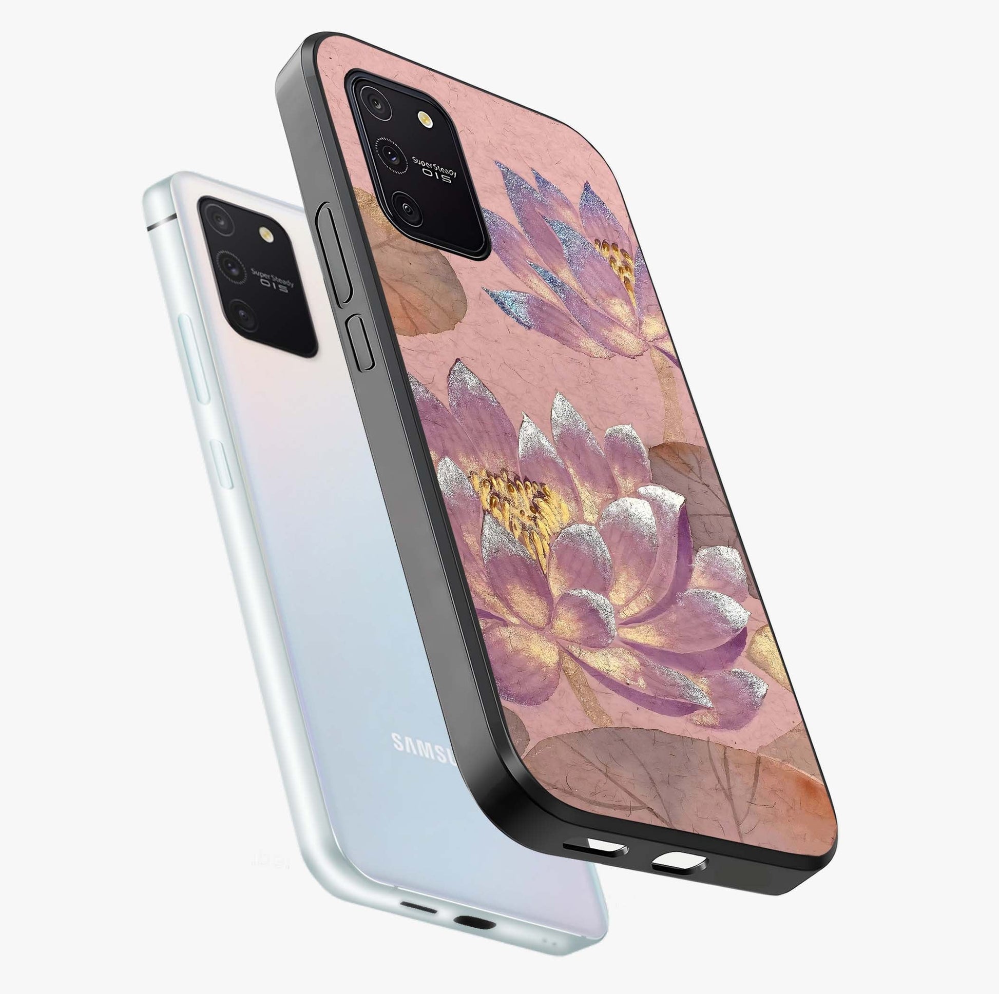 Blossom Mist Lotus Glass Case displayed in angled mockup highlighting delicate lotus illustration with calm aesthetic theme.