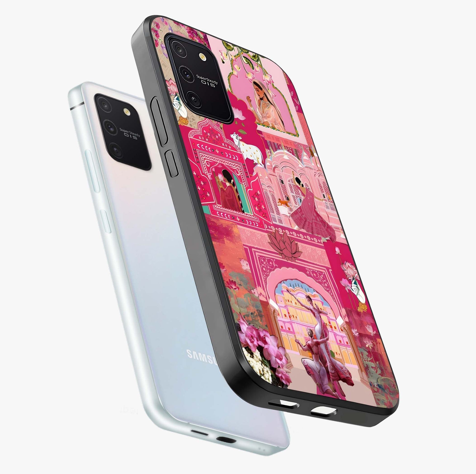 Blossoms of Rajasthan Glass Case displayed in angled mockup highlighting vibrant floral pattern with cultural aesthetic style.