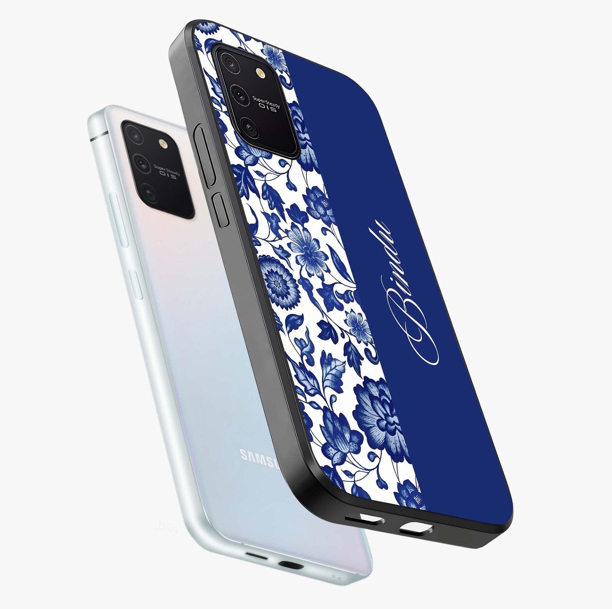 Blue Vintage Floral Pattern Glass Case displayed in angled mockup highlighting subtle bloom pattern with aesthetic pastel design.