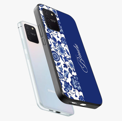 Blue Vintage Floral Pattern Glass Case displayed in angled mockup highlighting subtle bloom pattern with aesthetic pastel design.